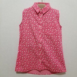 Cherokee top Large 10/12 star print sleeveless button up bust pocket 100% cotton